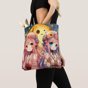 Bolsa Tote Garota de Anime Hippie Lua Garotas Fazendo Sinal d