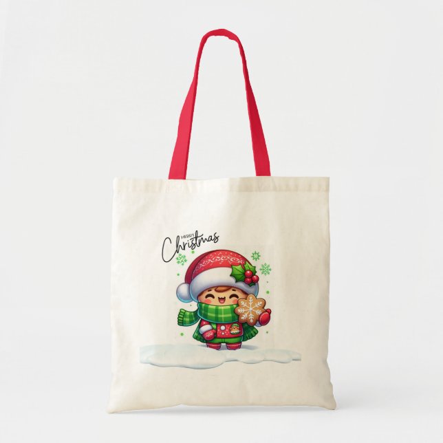 Bolsa Tote Garota de Natal segurando cozinheiros Feliz Natal (Frente)
