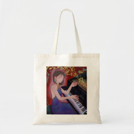 Bolsa Tote Garota em Estilo Anime Tocando Piano Música Elegan
