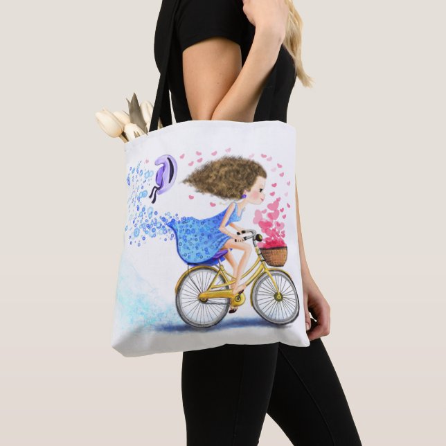 Bolsa Tote Garota Feliz Em Uma Bicicleta - Corações Romântico (Close Up)