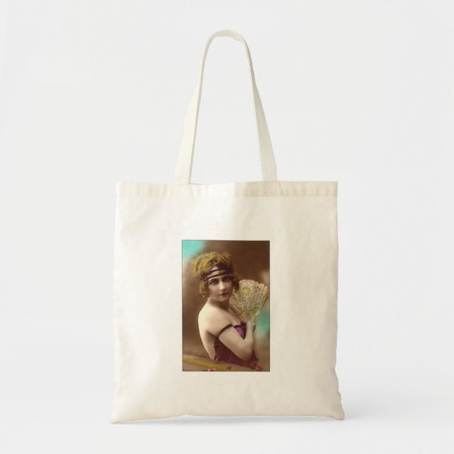Bolsa Tote garota flapper roxa com um leque (Frente)