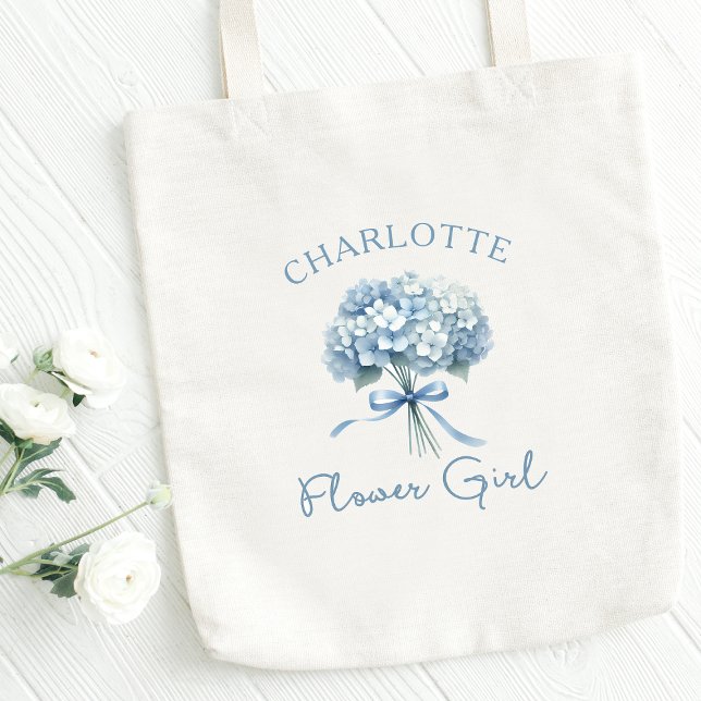 Bolsa Tote Garota Floral de Arco de Hydrangea Azul Personaliz (Make her feel special! Customize this charming hydrangea flower girl tote—perfect for your big day!)