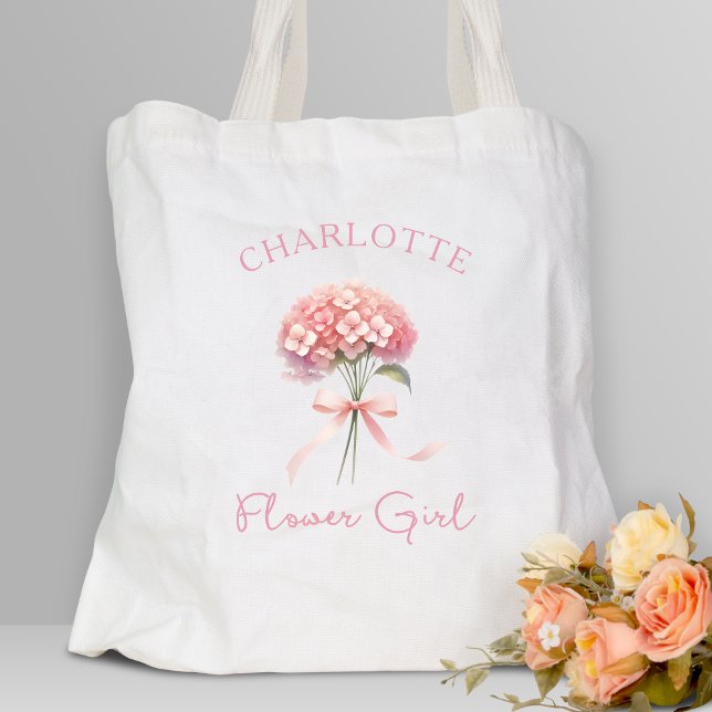 Bolsa Tote Garota Floral de Arco de Hydrangea Rosa Personaliz (Add a pop of floral elegance to your wedding with this custom flower girl tote—stylish and memorable)