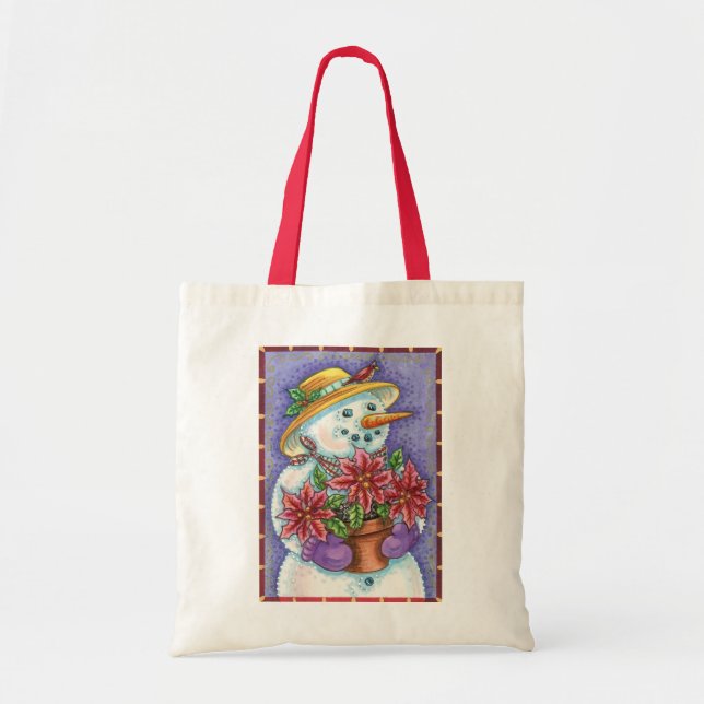 Bolsa Tote Garota Natal Adorável Boneco de Neve com Poinsetti (Frente)