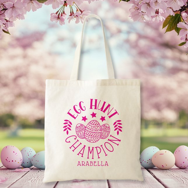 Bolsa Tote Garota rosa personalizada de caça de ovos (Personalized Easter Egg Hunt Champion Pink Girl Tote Bag)