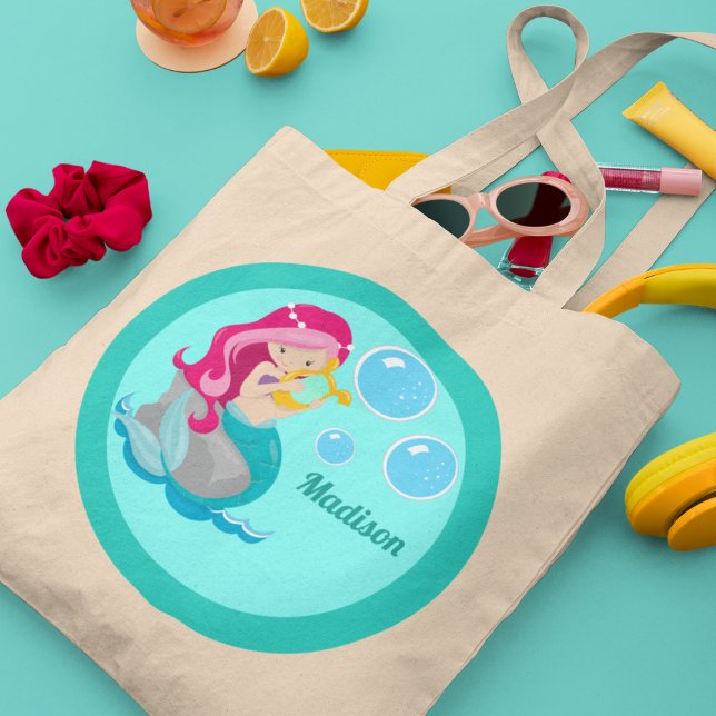 Bolsa Tote Garota Sereia Bonita Personalizada Crianças Teais (Criador carregado)