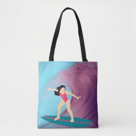 Bolsa Tote Garota surfando no pôr do sol.
