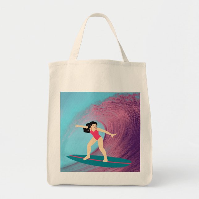 Bolsa Tote Garota surfando no pôr do sol. (Frente)