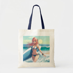 Bolsa Tote Garota surfista de anime costeira/náutica/tropical