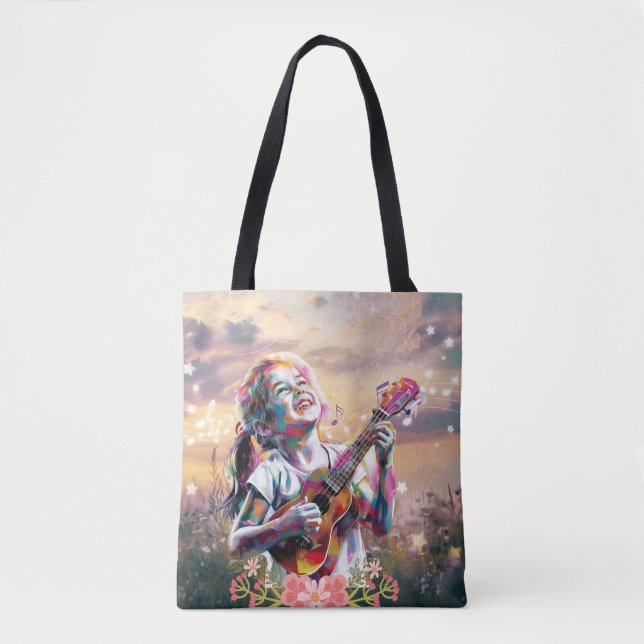Bolsa Tote Garota tocando Ukulele com Borboletas (Frente)