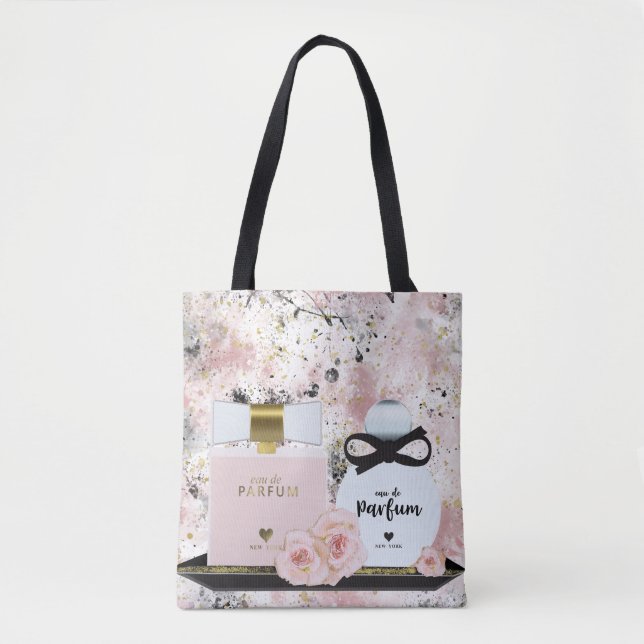 Bolsa Tote Garrafas de perfume de Nova Iorque Douradas e rosa (Frente)