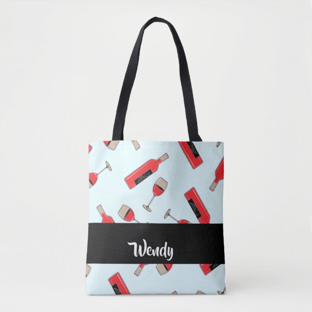 Bolsa Tote Garrafas de vinho tinto e padrão de óculos (Frente)