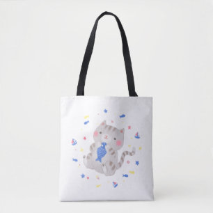 Bolsa Tote Gatinho bonito com peixe na ilustração de verão