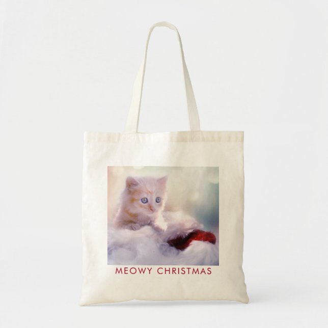 Bolsa Tote Gatinho Bonito Descansando em um Papai Noel Feliz  (Frente)