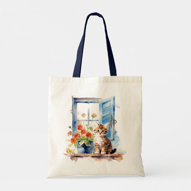 Bolsa Tote Gatinho Bonito Nas Flores De Janela Arte De Aquare (Verso)
