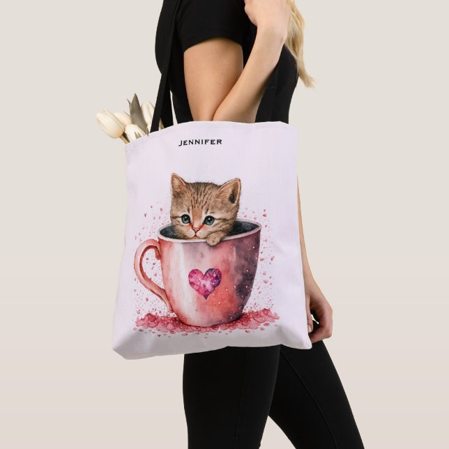 Bolsa Tote Gatinho Bonito num Teacup com Corações (Close Up)