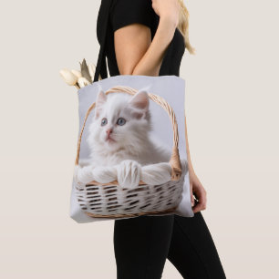 Bolsa Tote Gatinho branco em uma cesta
