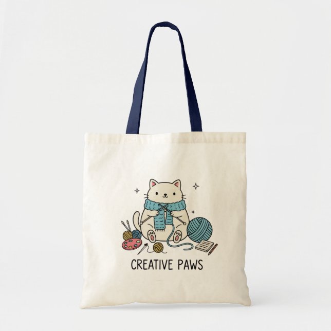 Bolsa Tote Gatinho Branco Fofo Tecendo Projeto de Cor Natural (Frente)
