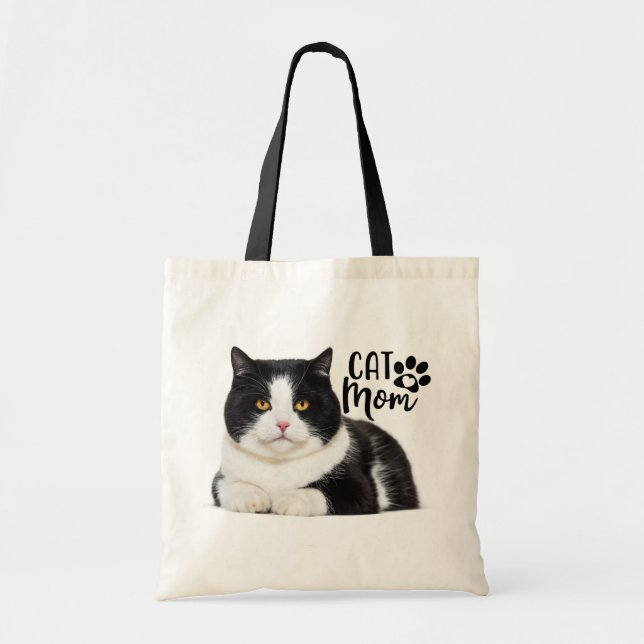 Bolsa Tote Gatinho de Gatinho Bonito Mãe Gato Branco Preto (Frente)