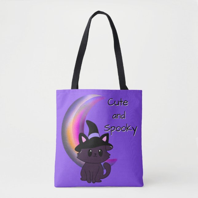 Bolsa Tote Gatinho de Halloween e Lua Crescente Personalizada (Frente)