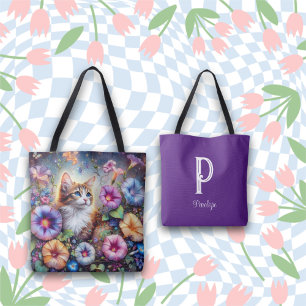 Bolsa Tote Gatinho de Jardim de Flor de Nome Personalizado de