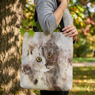 Bolsa Tote Gatinho Divertido em Aquarela com Olhos Amarelos B