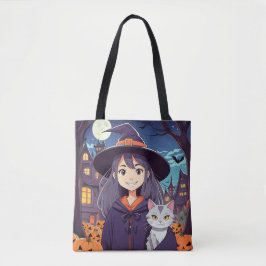 Bolsa Tote Gatinho e Bruxa de Halloween