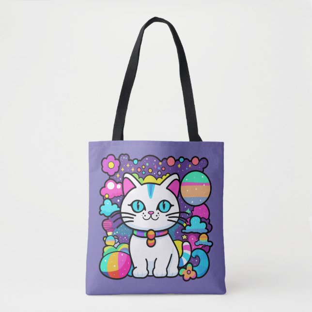 Bolsa Tote Gatinho Espacial Branco Fofo (Frente)