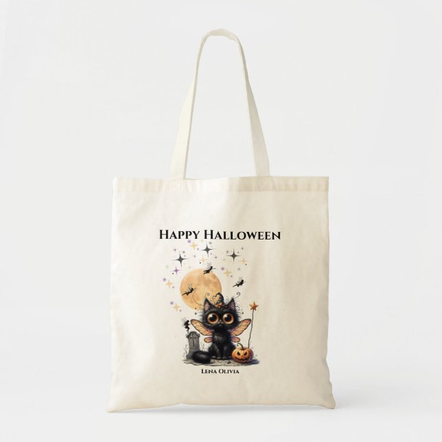 Bolsa Tote Gatinho Fantasma Divertido Halloween Doces ou Trav (Frente)