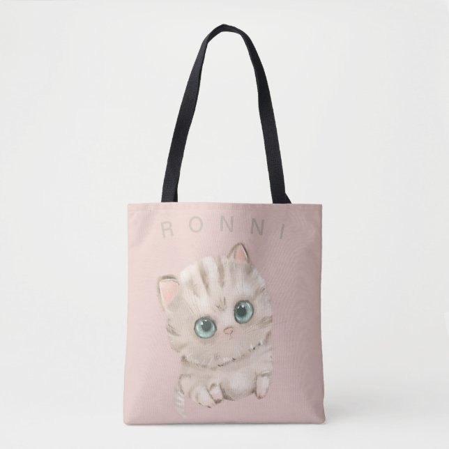 Bolsa Tote gatinho fofo, de olhos verdes, listrado (Frente)