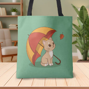 Bolsa Tote Gatinho Fofo Gato Vermelho Amarelo Guarda-chuva Qu