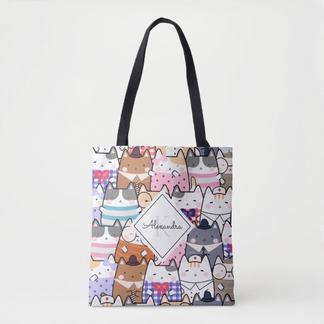 Bolsa Tote Gatinho Gatinho Gatinho Padrão Monograma Nome Rapa (Frente)