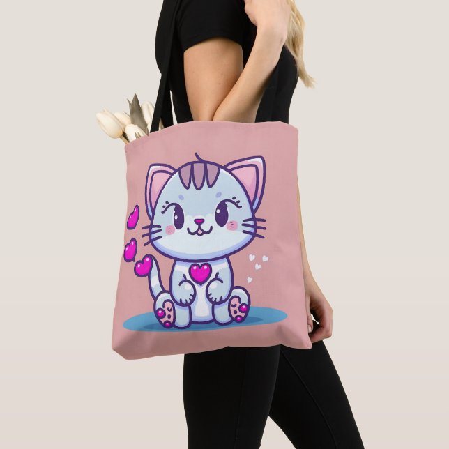 Bolsa Tote Gatinho Gato Bonito com Namorados de Coração Inspi (Close Up)