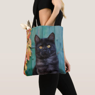 Bolsa Tote Gatinho Gato Preto Cachorro com Folhas Vermelhas P