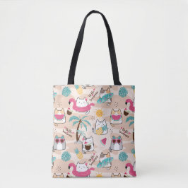 Bolsa Tote Gatinho Hello Summer Beach Cat Surfer Kawaii 