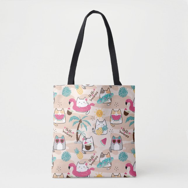 Bolsa Tote Gatinho Hello Summer Beach Cat Surfer Kawaii  (Frente)