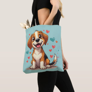 Bolsa Tote Gatinho Kawaii Bonito com Corações e Arte Canina B