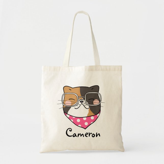 Bolsa Tote Gatinho Kawaii Bonito Rosto De Gatinho Com Óculos (Frente)