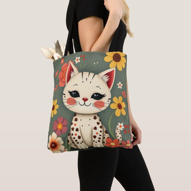 Bolsa Tote Gatinho Malhado Feliz com Flores (Close Up)