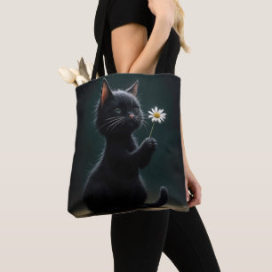 Bolsa Tote Gatinho Negro com margarida branca