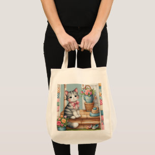 Bolsa Tote Gatinho no Alpendre Cena Floral Patchwork