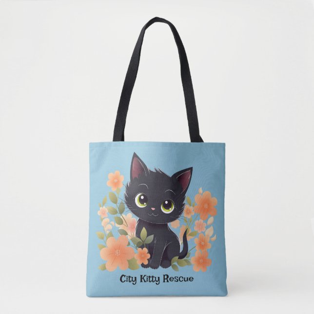 Bolsa Tote Gatinho Preto Bonito com Flores (Frente)