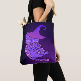 Bolsa Tote Gatinho roxo e bonito com chapéu de bruxa