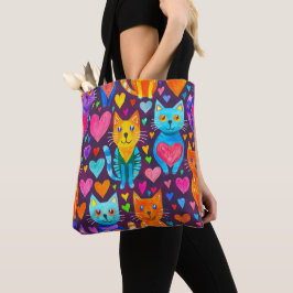Bolsa Tote Gatinhos de cores fortes e padrão de corações roxo