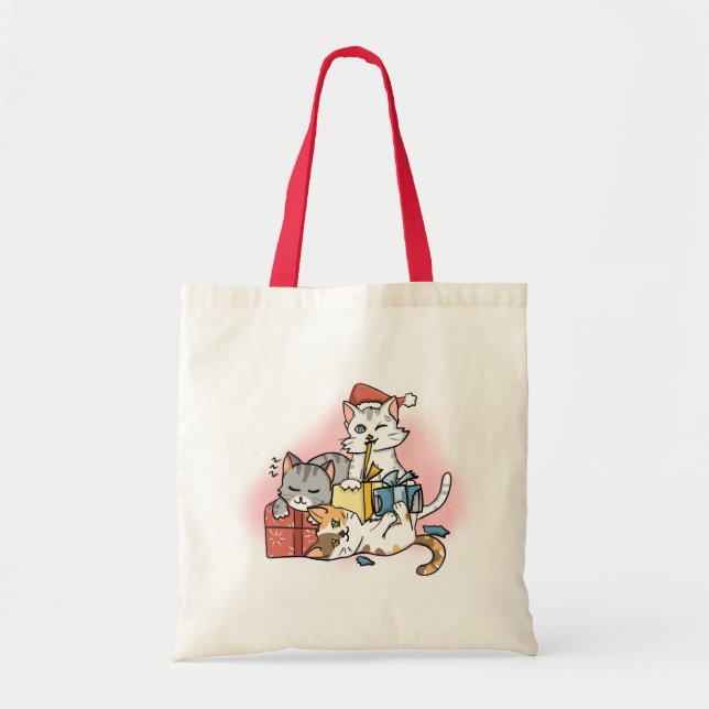 Bolsa Tote Gatinhos de Natal Gatinhos de Cartoon Vermelho Bon (Frente)
