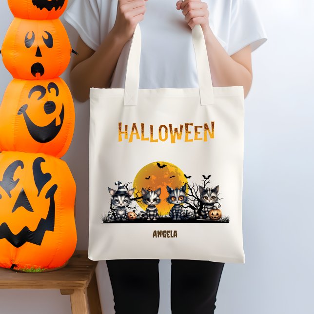 Bolsa Tote Gatinhos Fantasmas Negros de Halloween Trick ou Tr (Criador carregado)