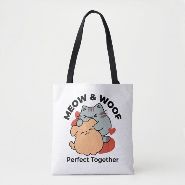 Bolsa Tote Gato Adorável e Cachorro Abraço - Meow & Woof Desi (Frente)