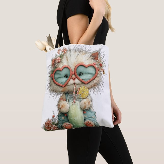 BOLSA TOTE GATO ADORÁVEL E EXCÊNTRICO COM TEMA DE VERÃO (Close Up)