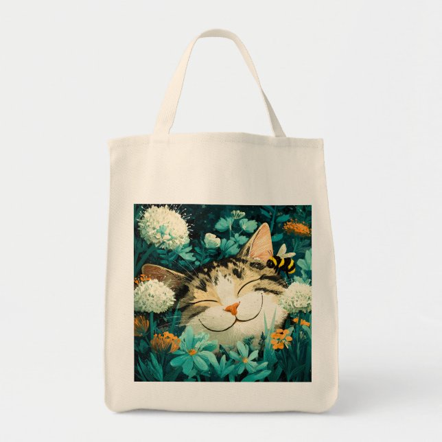 Bolsa Tote Gato Adormecido em Jardim de Flores com Abelha em  (Frente)