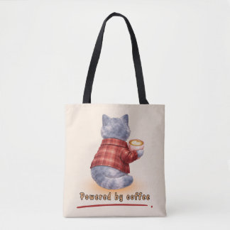 Bolsa Tote Gato "Alimentado por Café" Segurando Uma Xícara de